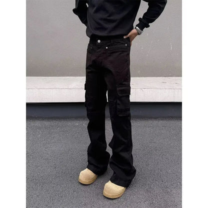 American style Vibe retro heavy industry multi pocket splicing workwear jeans men's straight tube micro flared slim fit long pan