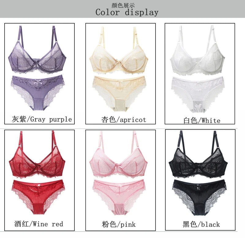 2022 New Sexy Lace Ultra Thin Thick Bra Panty Big Size Female Lingerie Set Women Underwear Brassieres 75-95BC Cup
