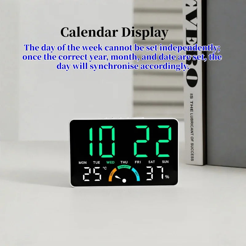 Digital Alarm Clock TEMP Humidity Week Comfort Level Dual Alarm Snooze Table Clock 12/24H Timer Auto Dimmable LED Wall Clock