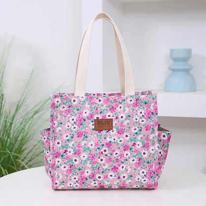 New floral print thickened fabric handbag, lunch bag, portable lunch box storage bag, zipper design, multifunctional tote