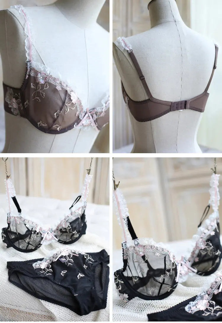 Ultra-thin steel band bra, fashionable plus-size lace lingerie set, transparent comfy bra set, soft material, S-XL all-day wear