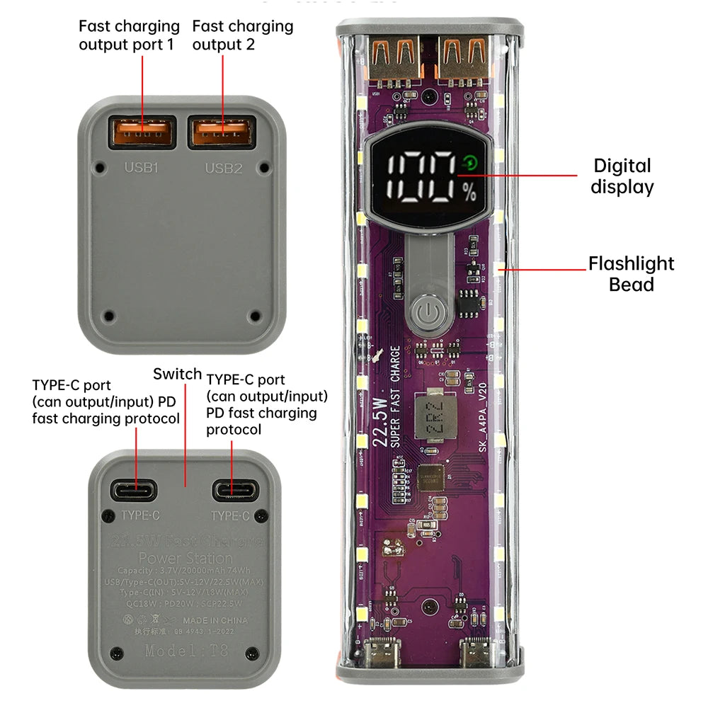 22.5W/45W 18650 Power Bank Case Fast Charging DIY Transparent Battery Storage Box Digital Display USB Type-C Battery Holder