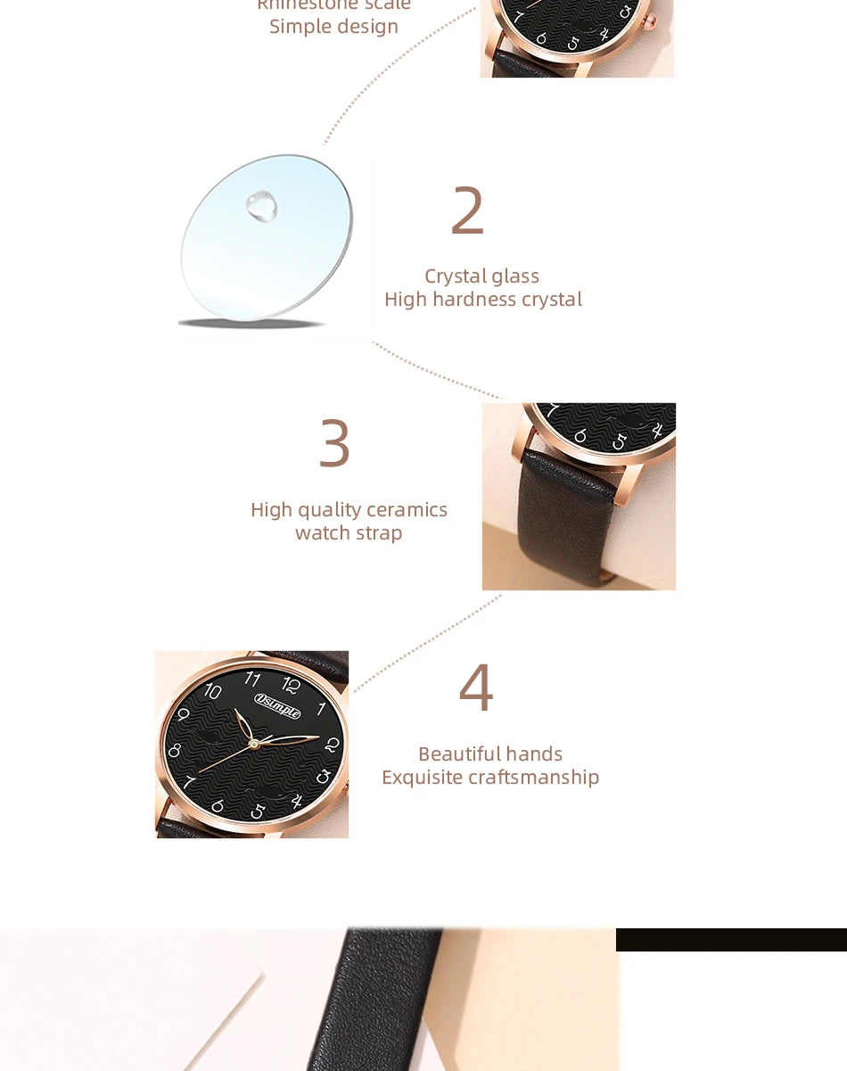 6pcs Sets Luxury Women's Black Leather Watches Butterfly Dial with Quartz Wristwatch Women Earring Bracelet Necklace Set