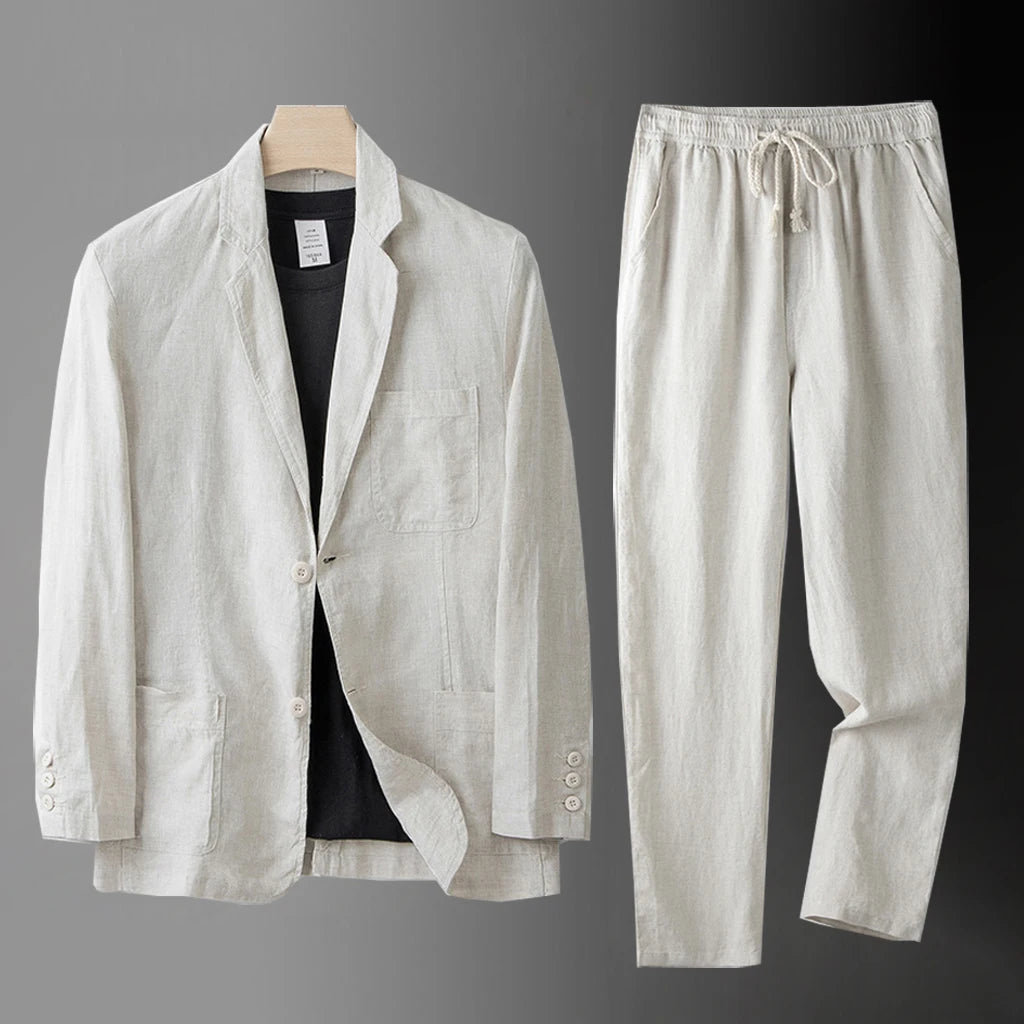 High Quality Men Blazer Jacket and Pants Man Linen Blazer  2 Piece Suit Spring Summer Thin Style Fashion Casual Set Long Sleeve