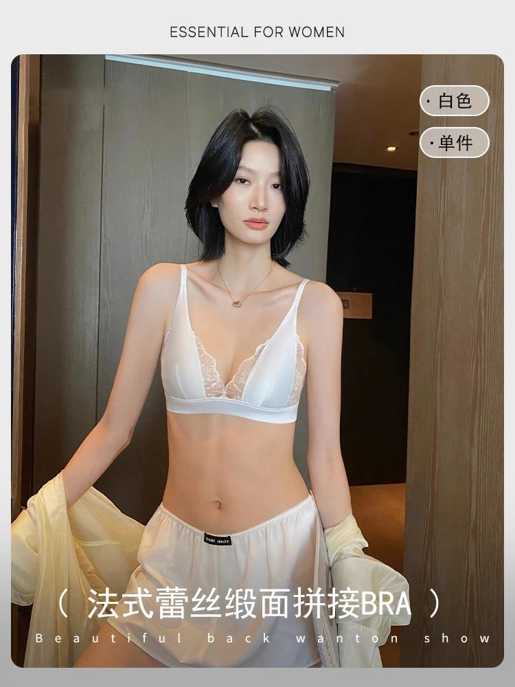 Modest French Lingerie Wirefree, Luxury Satin Bralette for Small Chest Summer Thin Cover Lace Bra Elegant Comfort MOYISU S-XL AB