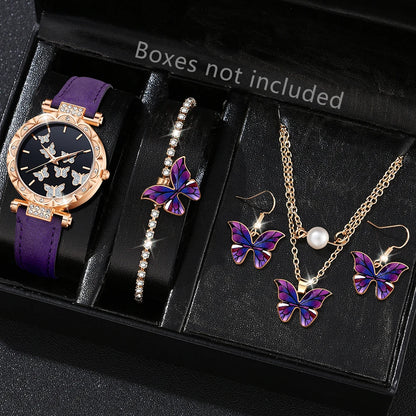 5PCS Purple Women's Watch Set Fashion Trend Butterfly Element Dial Quartz Watch Bracelet Necklace Earrings Set Holiday Gift