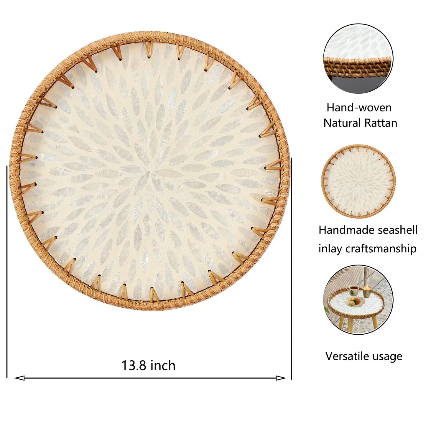 Rattan Round End Table, Boho Side Table for Living Room with Mother of Pearl Inlay, Small Coffee Table Wicker Bedsid Table