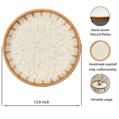 Rattan Round End Table, Boho Side Table for Living Room with Mother of Pearl Inlay, Small Coffee Table Wicker Bedsid Table
