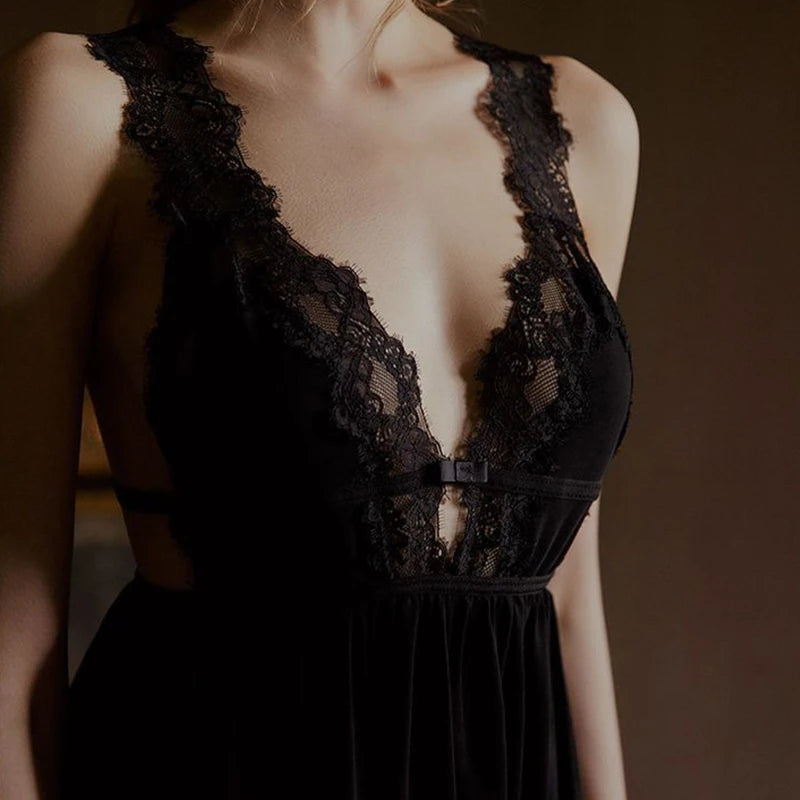 CINOON Summer Women's Lace Trim Sheer Mesh Babydoll Nightdress V-Neck Backless Sleepwear Sexy Lingerie Solid Color Dress
