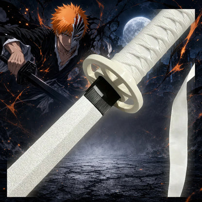 40inch 101cm Katana Sword Bleach Ichigo Zangetsu White Bankai Blade Wood Bamboo Japanese Samurai Anime Cosplay Prop Stand Belt Ribbon Set Real Size Otaku Collectible Gift Toy Display Bushido Ninja Knife Schwert Sabre