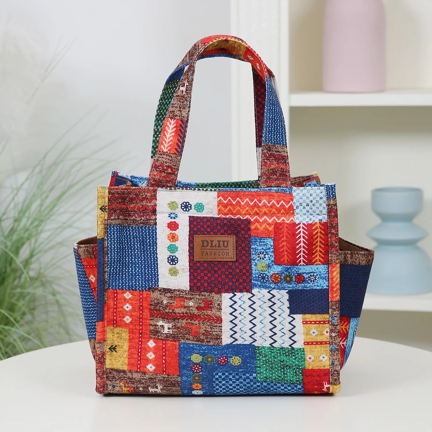 New floral print thickened fabric handbag, lunch bag, portable lunch box storage bag, zipper design, multifunctional tote