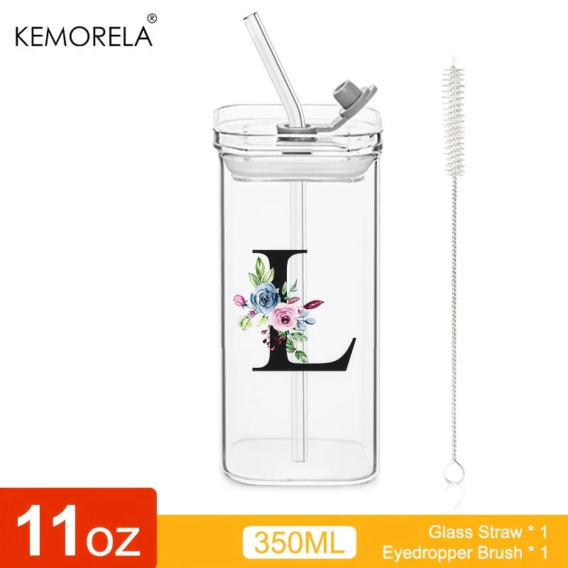 1PCS 24 Letter-Shaped Glass Tumblers with Lid And Straw Coffee Tumbler 300ML Clear Square Drinking Tumbler For Coffee Beer Milk