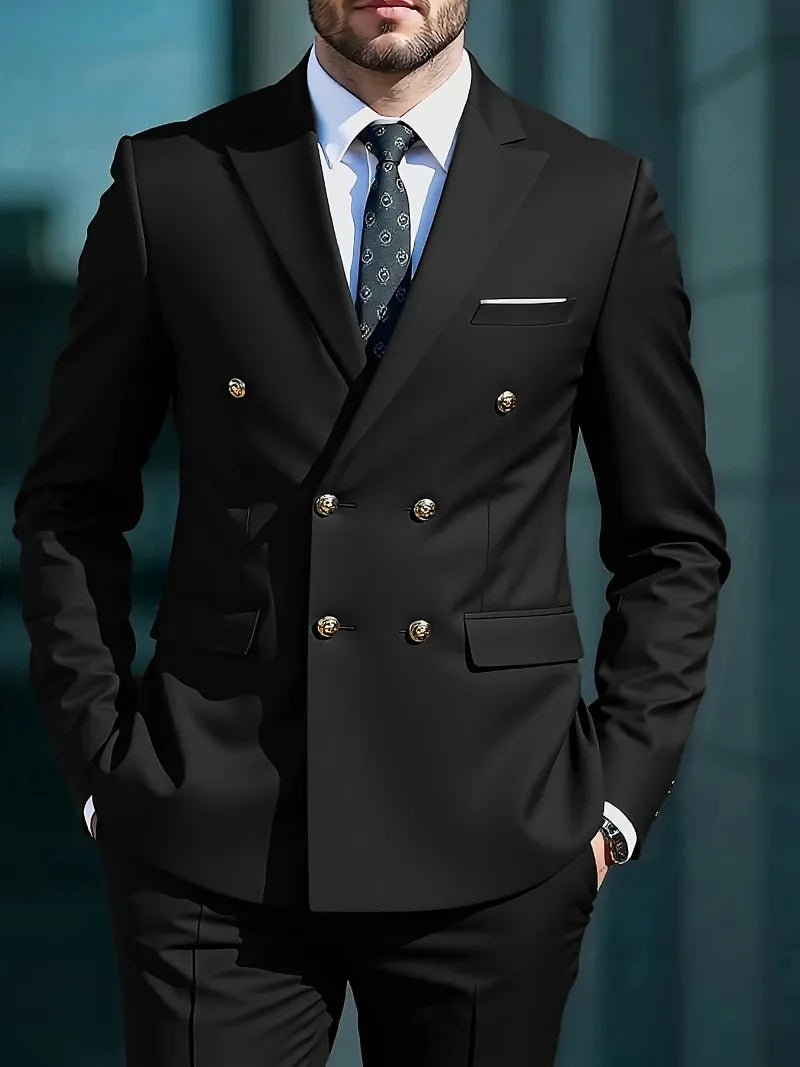 2026Business No-IronDouble-BreastedGolden Button Suit 2pcsTrendy Men's Retro Solid ColorSimpleSlimFit Stylish