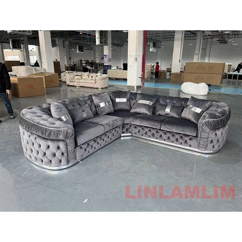 Luxury Chesterfield Sectional Sofa Set with Cloth Buttons and Fabric Modular Couch with Gold Stainless Steel Base, 3-seater Sofa