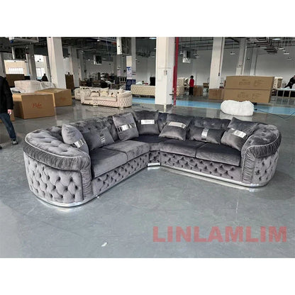 Luxury Chesterfield Sectional Sofa Set with Cloth Buttons and Fabric Modular Couch with Gold Stainless Steel Base, 3-seater Sofa