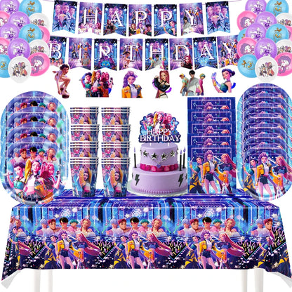 K Pop Birthday Party Decoration Tableware Set - Napkin Tablecloth Banner Paper Plates Slap Bracelets Stamps Baby Shower Supplies