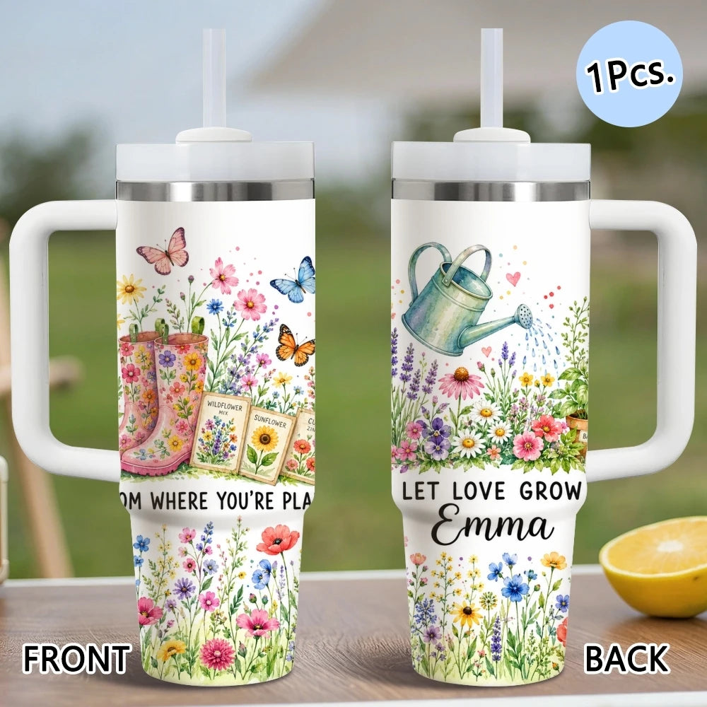 Luxury Garden Art Vacuum Flasks 40oz Stainless Steel Insulated Tumbler with Handle & Straw Leakproof Travel Mug