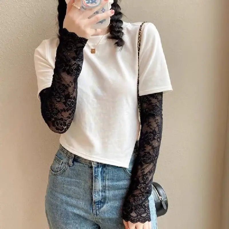 Women Summer Ice Silk Lace Arm Sleeve Elastic Sleeve Driving Gloves Black White Long Fingerless Mittens Sunscreen Gloves