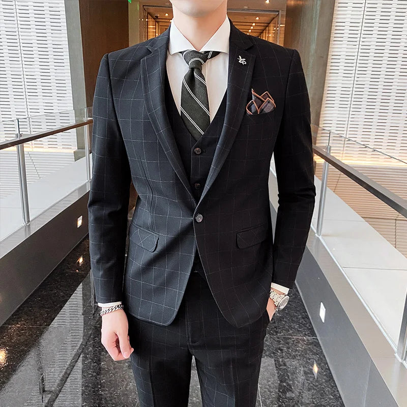 High-End Men's 3-Piece Smart Casual Business Suit Set with Vest Trousers British Dress for Party Wedding Elegant