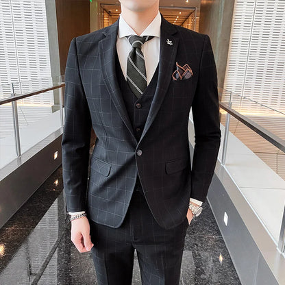 High-End Men's 3-Piece Smart Casual Business Suit Set with Vest Trousers British Dress for Party Wedding Elegant