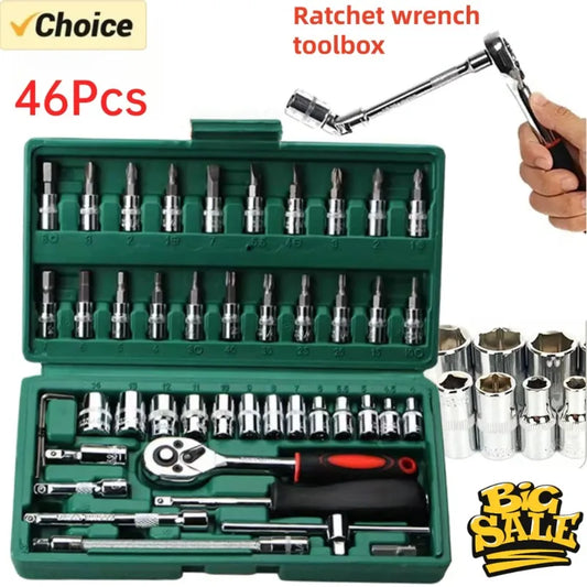 46Pcs Car Repair Tool Set, 1/4-Inch Drive Ratchet Wrench Kit, Metric Socket & Bit Set,Auto Maintenance Tools,for Car Maintenance