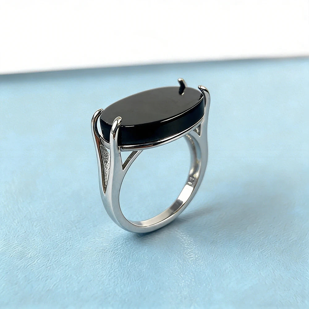S925 Sterling Silver Natural Large Black Agate Stone Ring 13*18mm Oval Shape Vintage Black Rings Fine Jewelry For Men