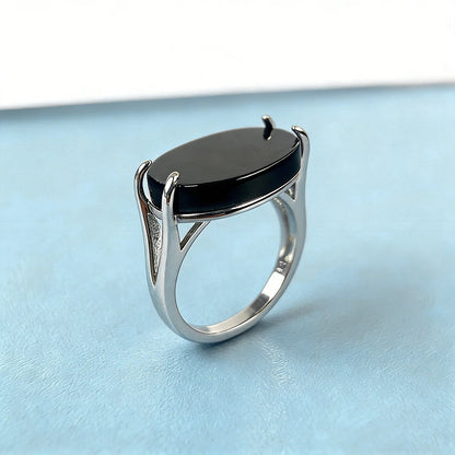 S925 Sterling Silver Natural Large Black Agate Stone Ring 13*18mm Oval Shape Vintage Black Rings Fine Jewelry For Men