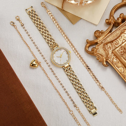 Luxury Gold Watch Bracelet Set for Women | Crystal Bezel | Heart Charm | Leaf Link | Elegant Gift Set
