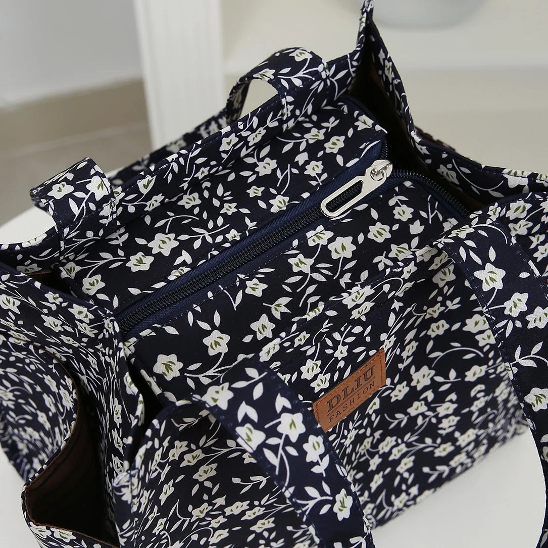 New floral print thickened fabric handbag, lunch bag, portable lunch box storage bag, zipper design, multifunctional tote