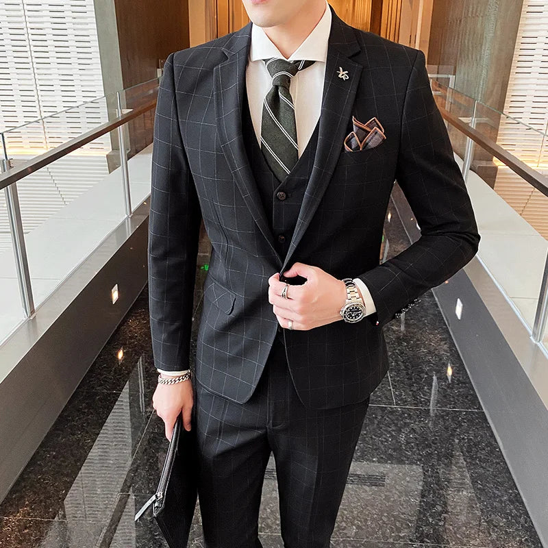 High-End Men's 3-Piece Smart Casual Business Suit Set with Vest Trousers British Dress for Party Wedding Elegant