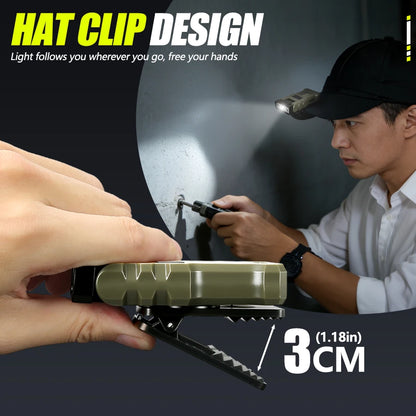 Portable LED Work Light Clip On Hat Light, Mini USB Rechargeable EDC Flashlight for Fishing Home Emergency Camping Headlamp