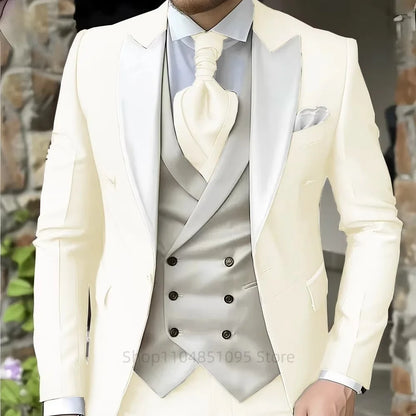 Pink Men's Elegant Peak Lapel Tuxedo 3-Piece Suit with Blazer Vest And Pants Set for Formal Business Prom Grooming