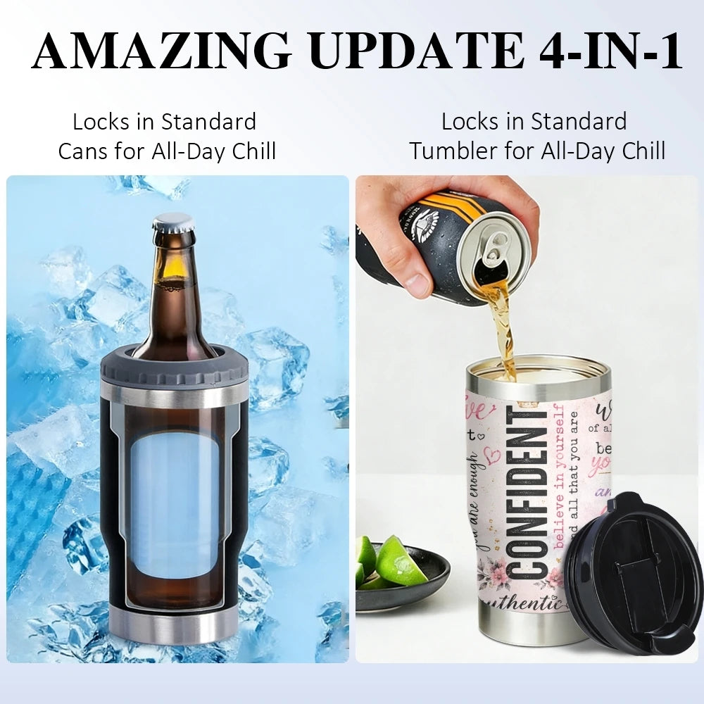 COOL Woman Motivational Vacuum Flasks 4-in-1 Stainless Steel Can Cooler Insulated Beer Soda Coffee Holder Dual Lids Fits 12oz