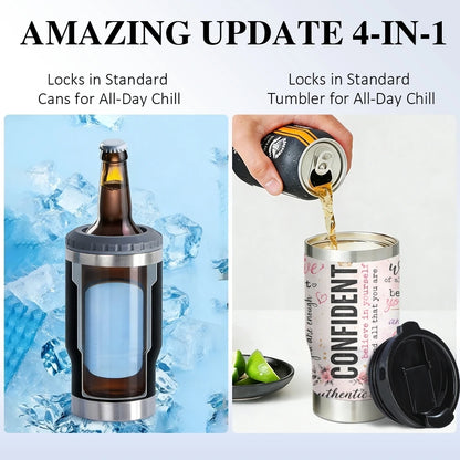 COOL Woman Motivational Vacuum Flasks 4-in-1 Stainless Steel Can Cooler Insulated Beer Soda Coffee Holder Dual Lids Fits 12oz