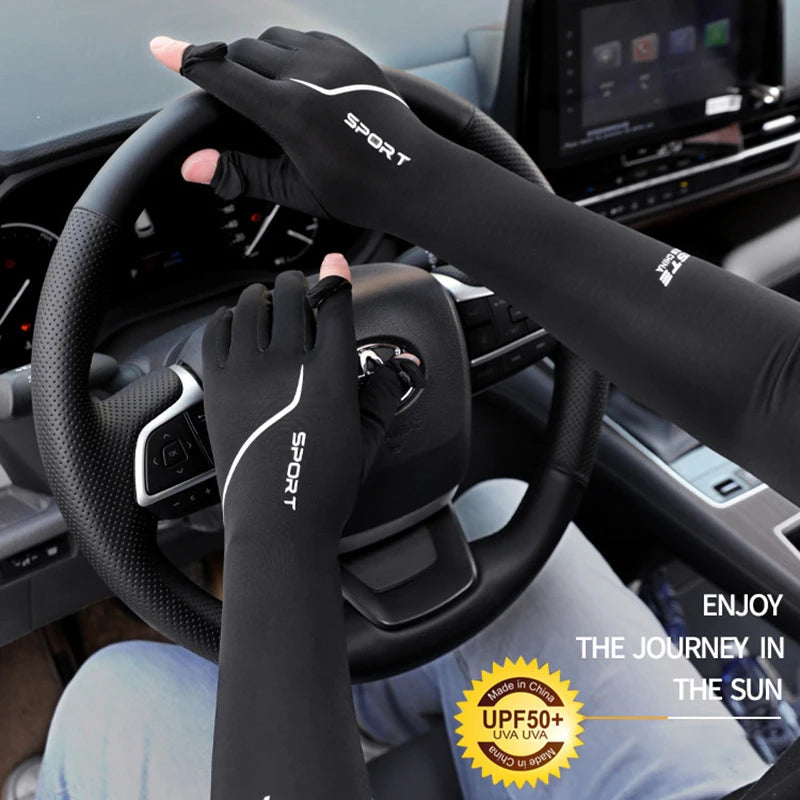 Anti-Sunburn Long Sleeve Men Summer Fingertip Flip Glove Cool Summer Ice Silk Driving Cycling Fishing Non - Slip Arm Warmers