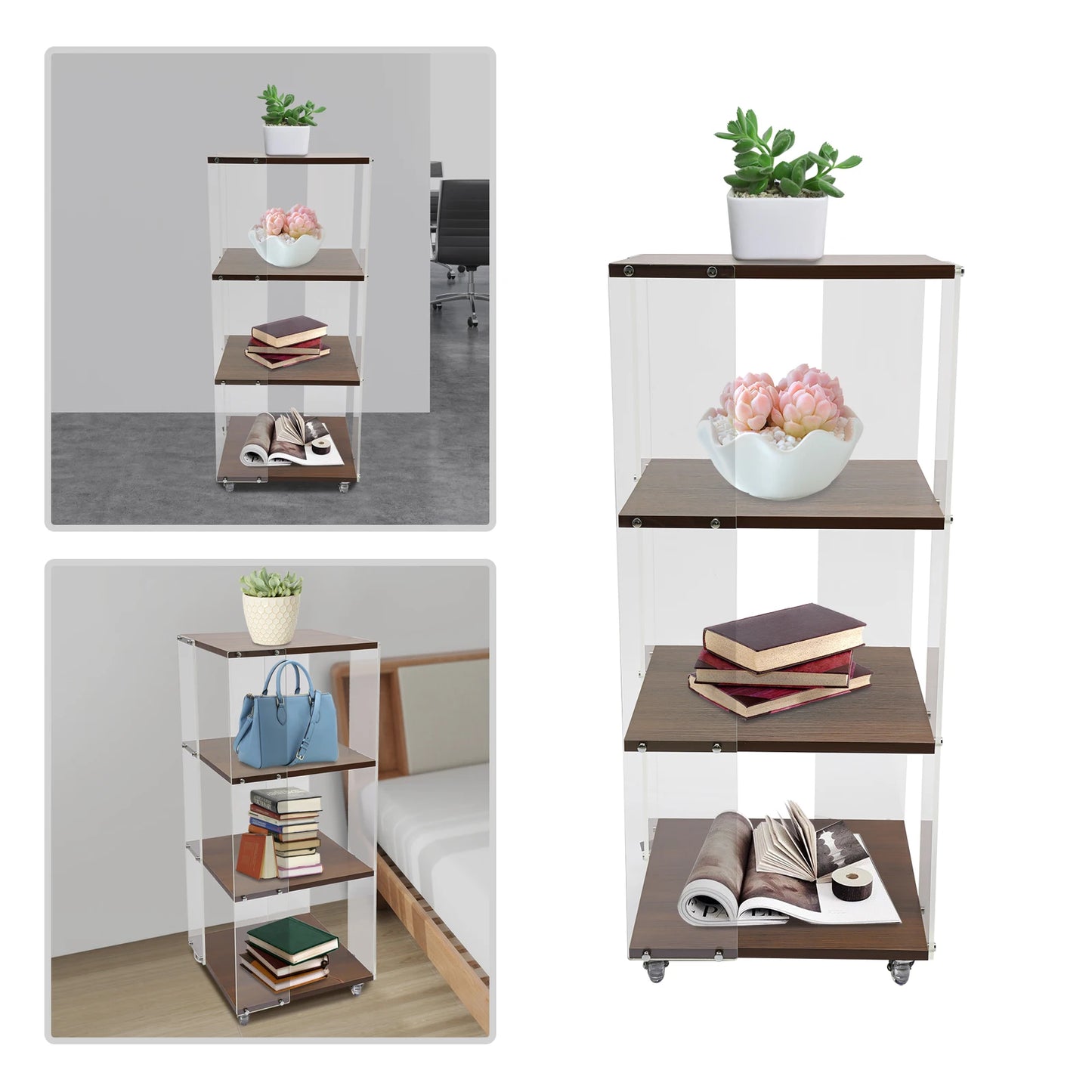 3-layer Rotating Acrylic Bookshelf with Wheels,Standing Small Corner Bookcase for Home Study Office
