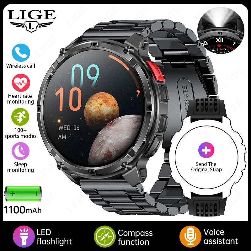 LIGE Smart Watch 2026 Gorąca Sprzedaż 1100mAh Wojskowy Wodoodporny Kompas Latarka LED Tryby Sportowe Męski Smartwatch Dla Android iOS