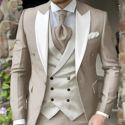 Pink Men's Elegant Peak Lapel Tuxedo 3-Piece Suit with Blazer Vest And Pants Set for Formal Business Prom Grooming