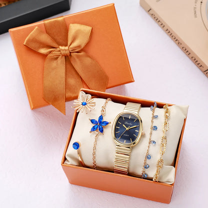 Elegant Blue Gem Gold Watch & Jewelry Set - Oval Navy Dial Quartz Watch, Starflower & Teardrop Crystal Bracelets, Sunburst & Rou