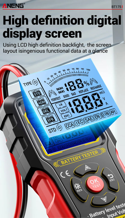 12V 24V Digital Car Battery Tester Alternator Automotive Analyzer Display Screen ANENG BT175 With Insulated Alligator Clip Tools
