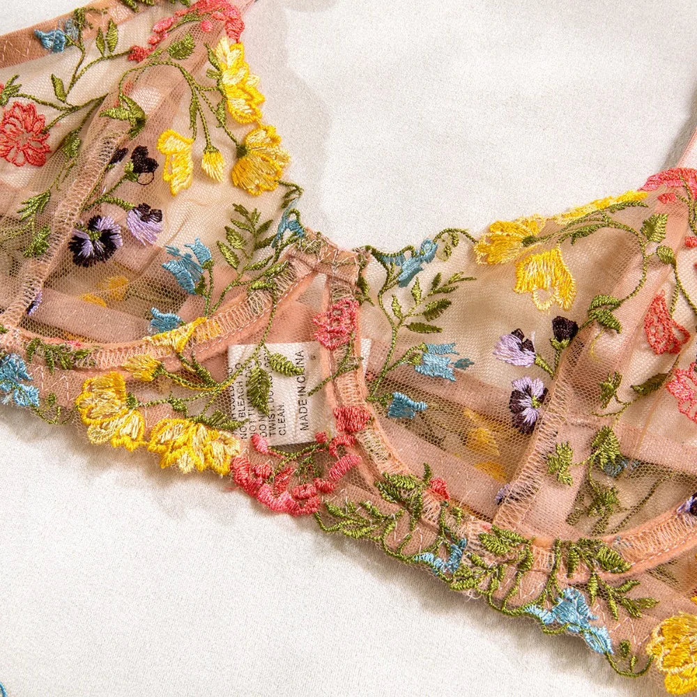 2-Piece Floral Lingerie Set Sheer Embroidery Underwear Intimates Underwire Push-up Versatile Bra Panty Set For Lady Girl