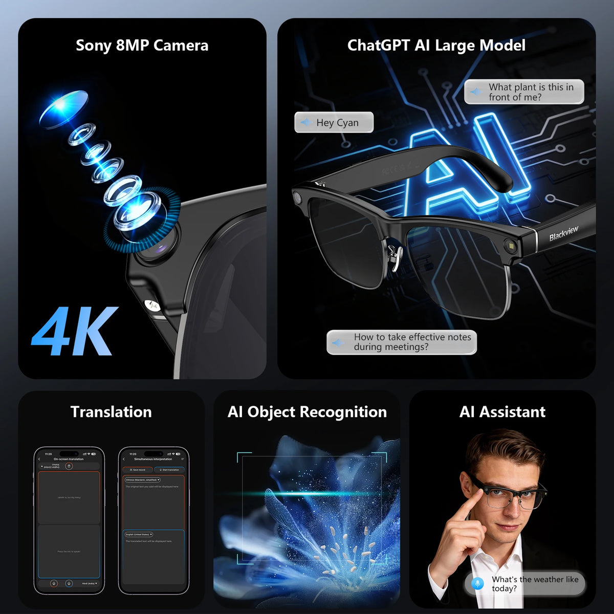 Blackview AI Smart Glasses 1200W 4K HD Camera Glasses Electronics Bluetooth Call AI Translation Voice Assistant Stereo Speaker
