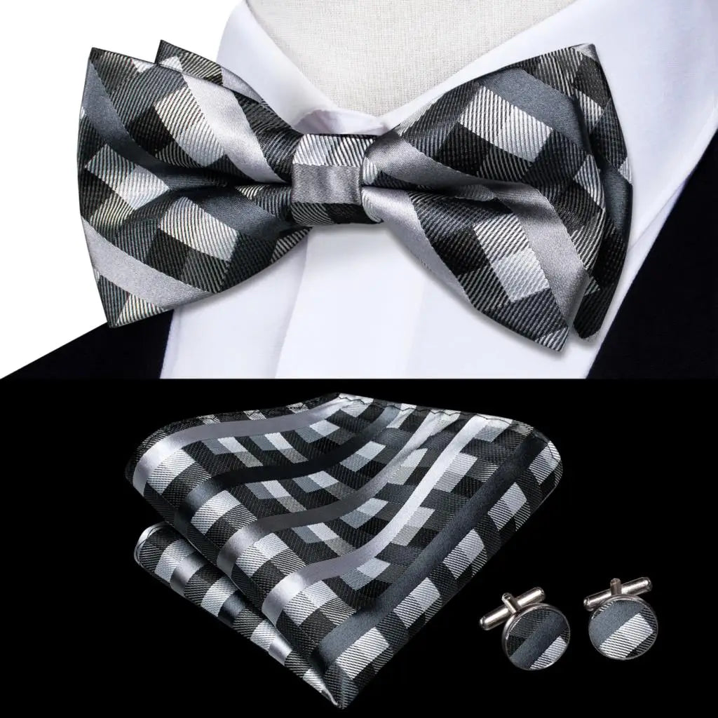Hi-Tie Mens Bow Tie Hanky Cufflinks Set White Black Gray Silver Pre-tied Butterfly Knot Bowtie for Male Wedding silk Business