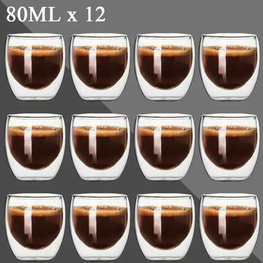 80ML Double Wall Glass Cup 1/12PCS Transparent Handmade Heat Resistant Tea Drink Whisky Wine Set Espresso Coffee Milk Mugs Gift