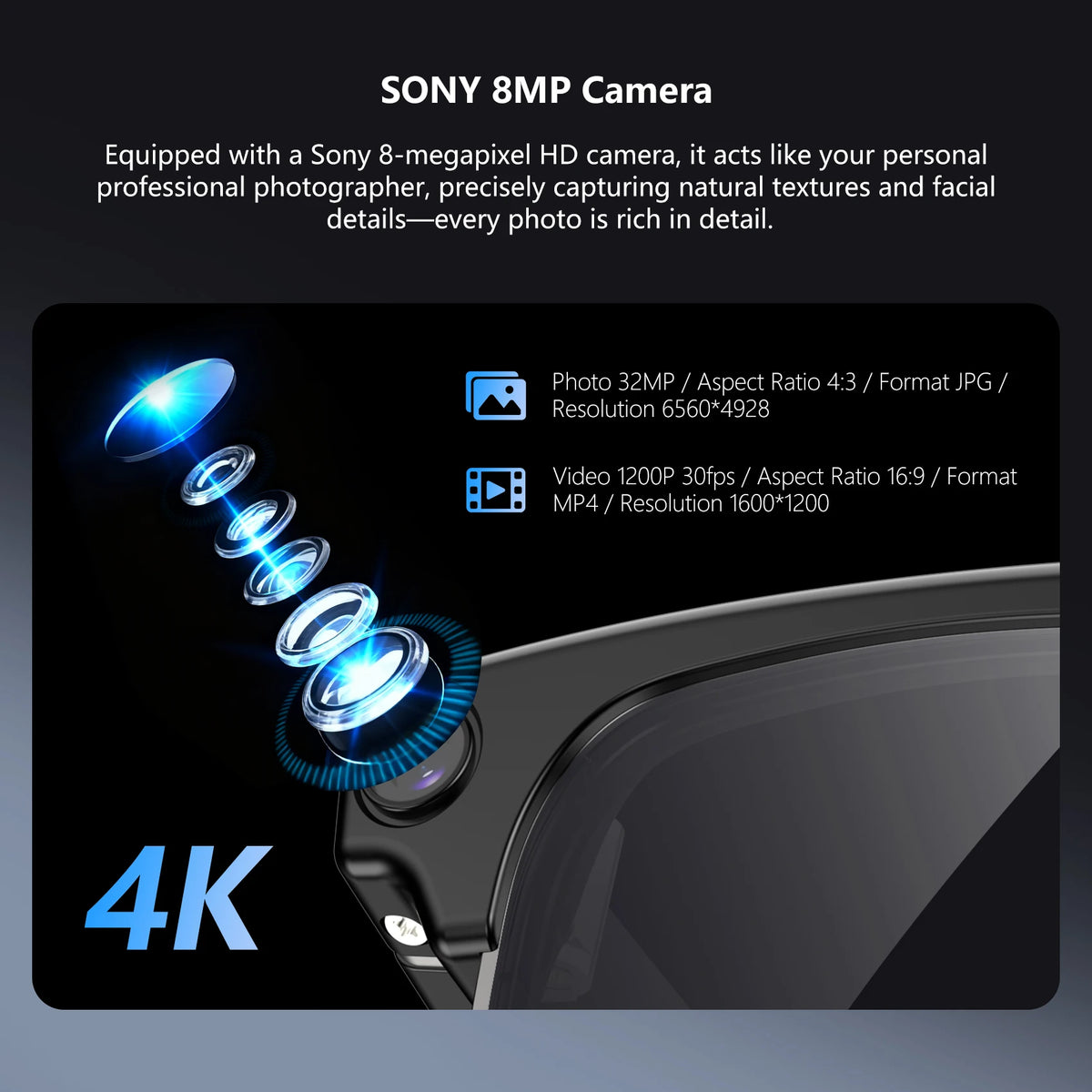 Blackview AI Smart Glasses 1200W 4K HD Camera Glasses Electronics Bluetooth Call AI Translation Voice Assistant Stereo Speaker