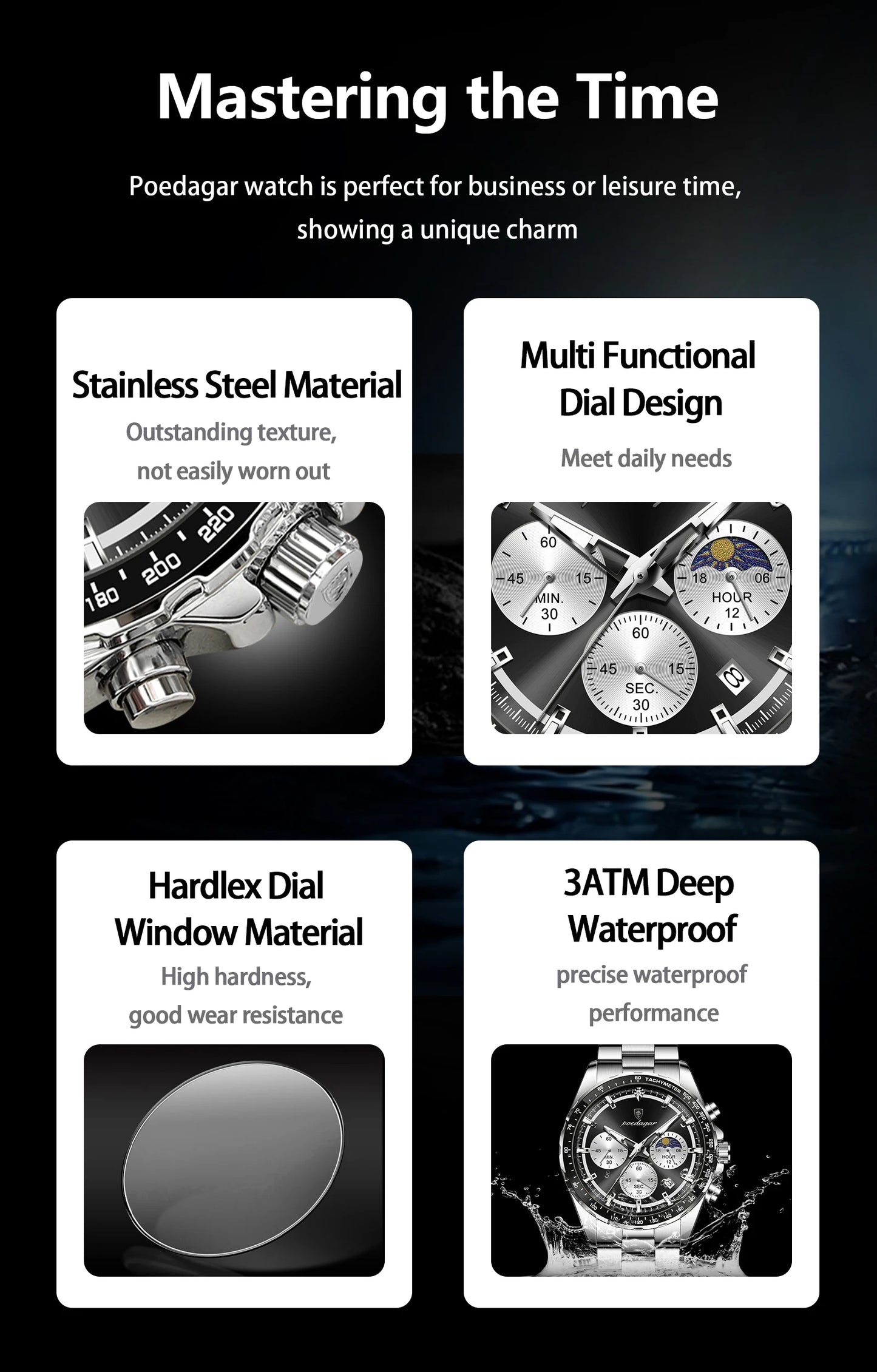 POEDAGAR Top Original Man Wristwatch Waterproof Stainless Steel Luminous Men Clock Chronograph Date Quartz Sports Men's Watches
