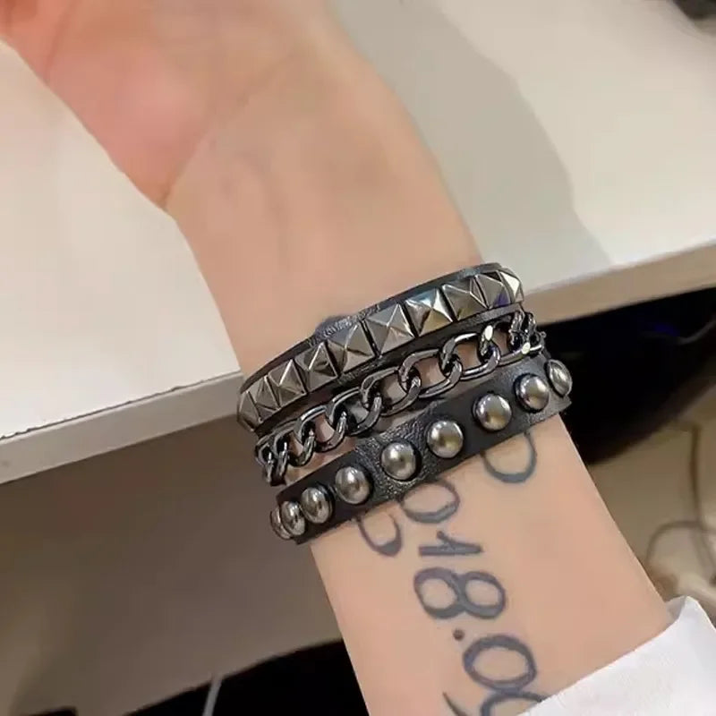 Punk Dark PU Bracelet For Women Men Hip Hop Rock Chain Multi Layered Bracelet Trend Retro Gothic Jewelry Dancer Accessories