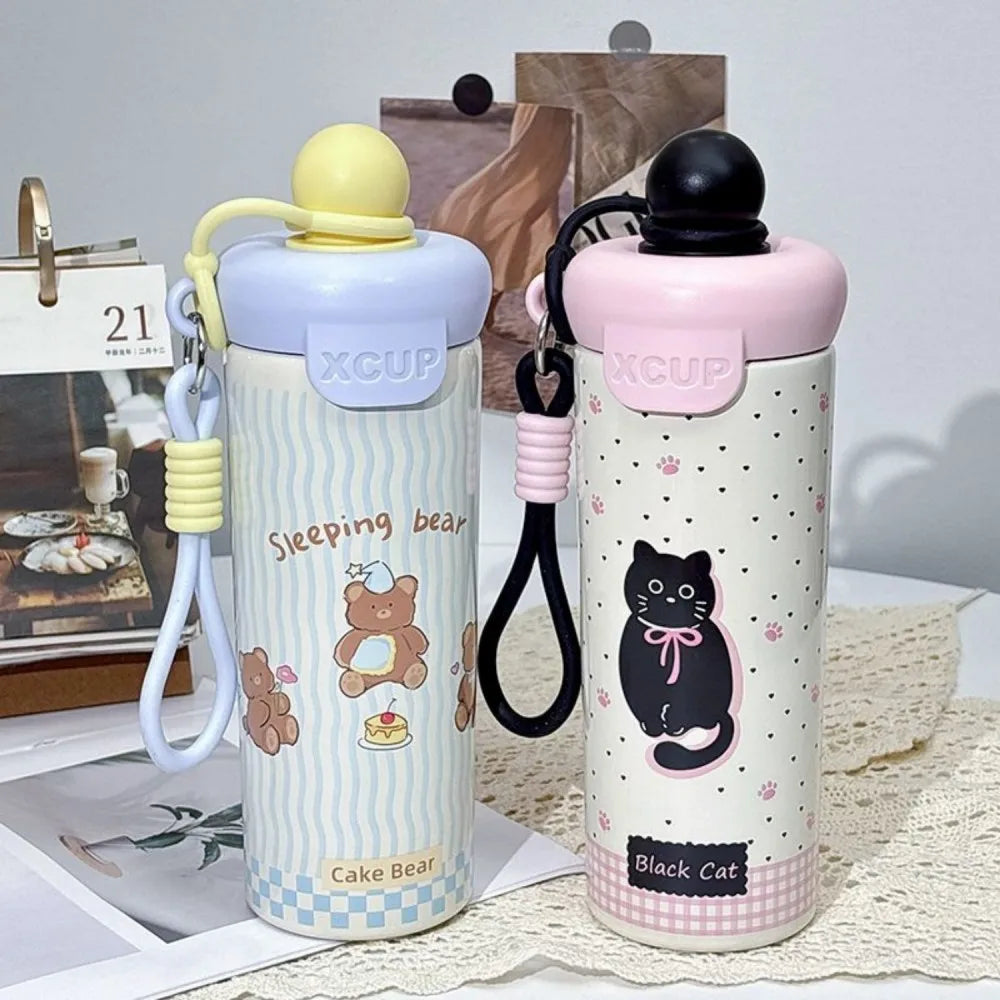 Cute Cat Thermal Water Bottle With Straw Bow Sticker Stainless Steel Thermos For Hot Cold Water Coffee Tea Thermal Cup 600ml