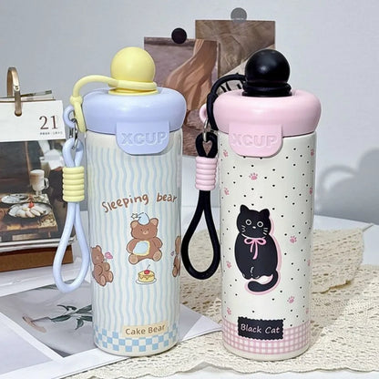 Cute Cat Thermal Water Bottle With Straw Bow Sticker Stainless Steel Thermos For Hot Cold Water Coffee Tea Thermal Cup 600ml