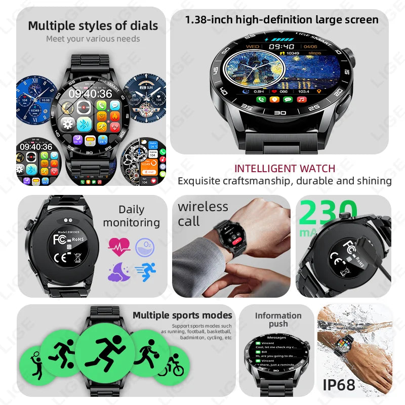 LIGE Full Touch Smartwatch Outdoor Military Smart Watch 1.38" HD Screen Bluetooth Call IP68 Waterproof Sport Fitness Watches Men